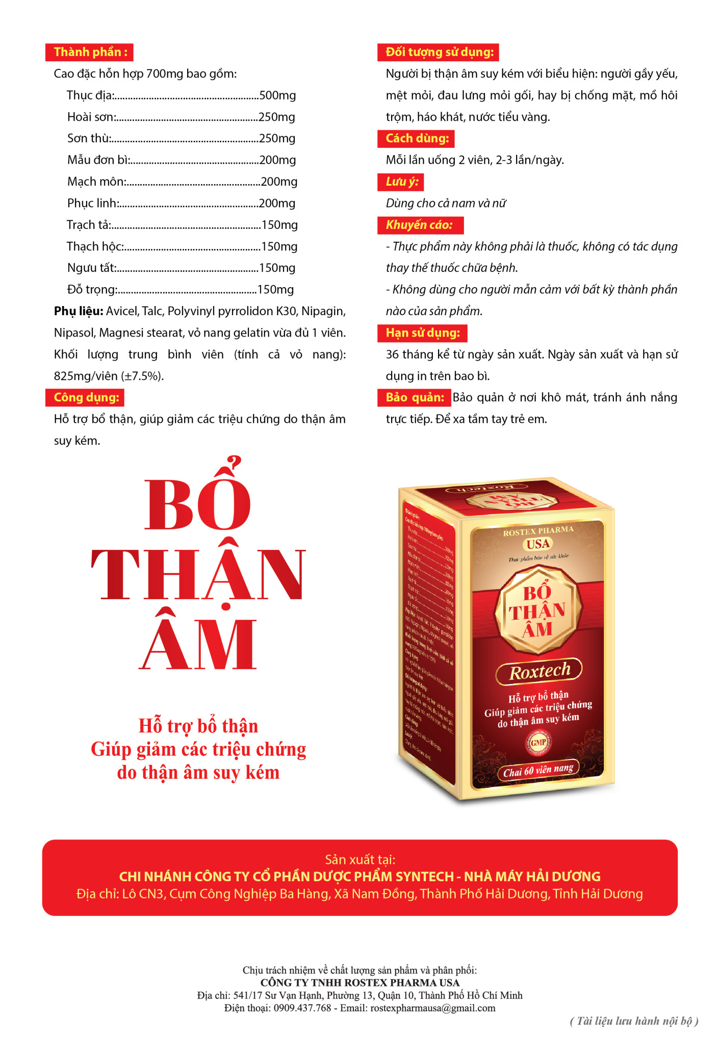 Bổ Thận Âm Roxtech - Chai 60 viên - Dùng cho cả nam & nữ