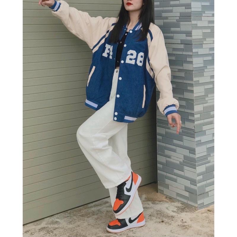 Áo Khoác Bomber F428 nhung gân 2 lớp màu ĐEN/XANH/NÂU/HỒNGchữ thêu tay phối  Jaystoree