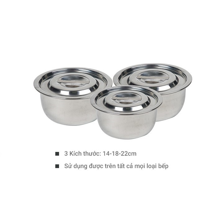 Bộ Tô inox 3 cái size 14/18/22cm trộn gỏi, đựng thức ăn có nắp đậy an toàn, dùng hâm thức ăn được trên bếp từ và các bếp khác với tô size lớn