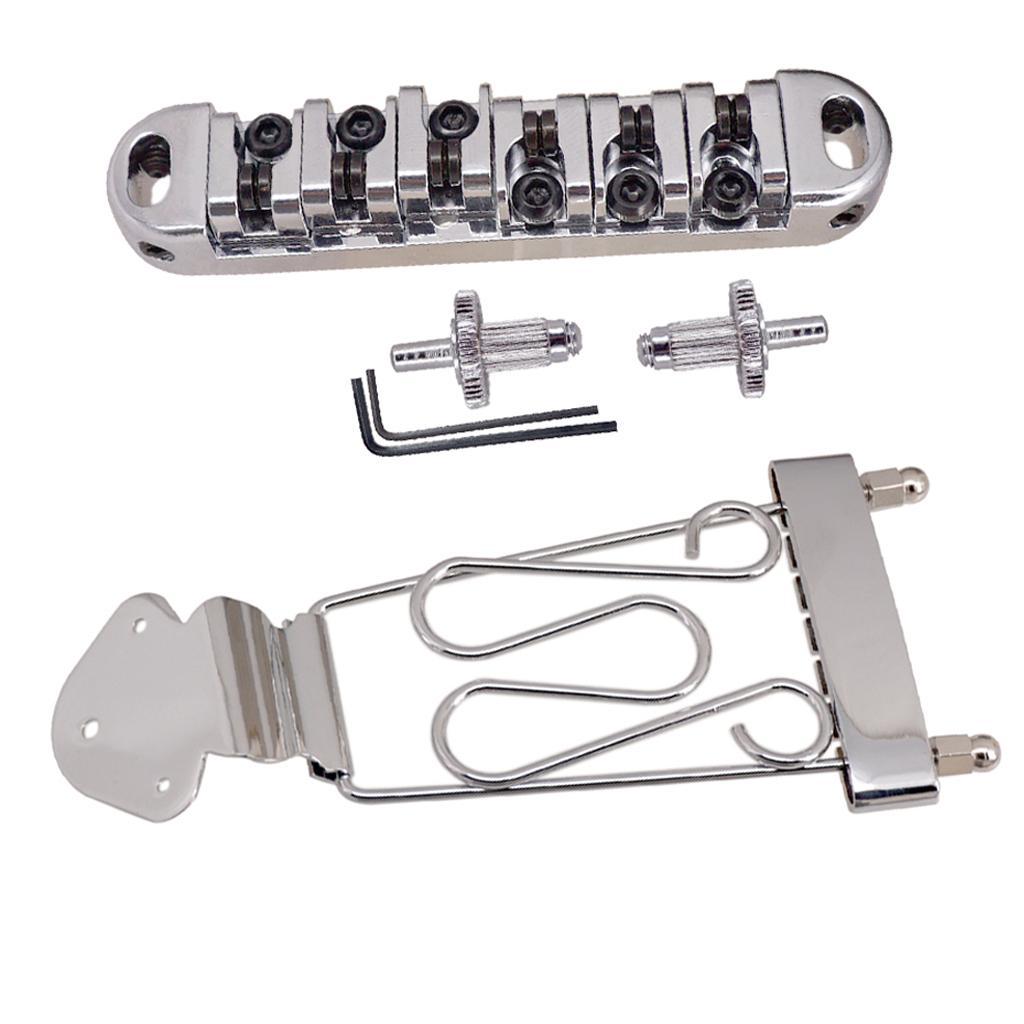 6 String Guitar Trapeze Tailpiece Bridge with Roller Saddle Bridge, Lock Posts and Wrench for Jazz Archtop Guitar