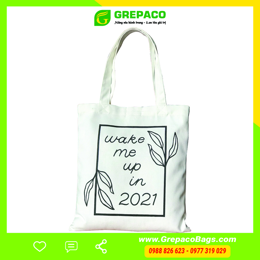 Túi Tote Thời Trang Nữ Vải Bố Canvas Màu Trắng Tinh Dạng Quai Xách In Wake Me Up In 2021 Có Nút Bấm Trên Miệng Và Ngăn Phụ Trong – Mẫu Hot Trend