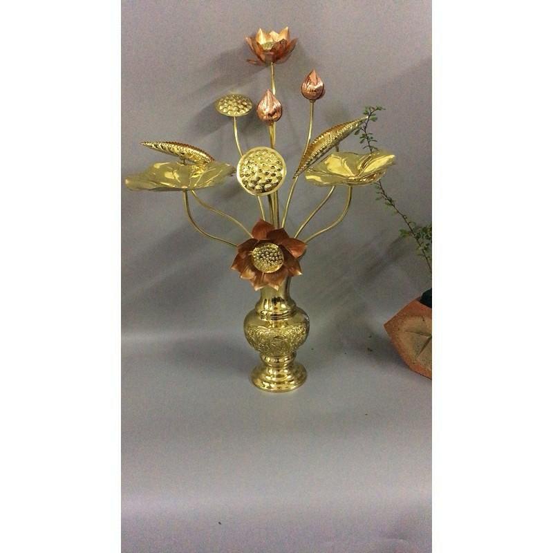 Combo 1 lọ hoa bằng đồng cao 30cm + 1 bó sen vàng 10 cành