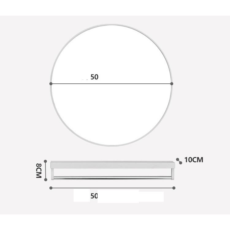 Gương tròn dán tường 50cm, kèm kệ để vật dụng và treo khăn tắm