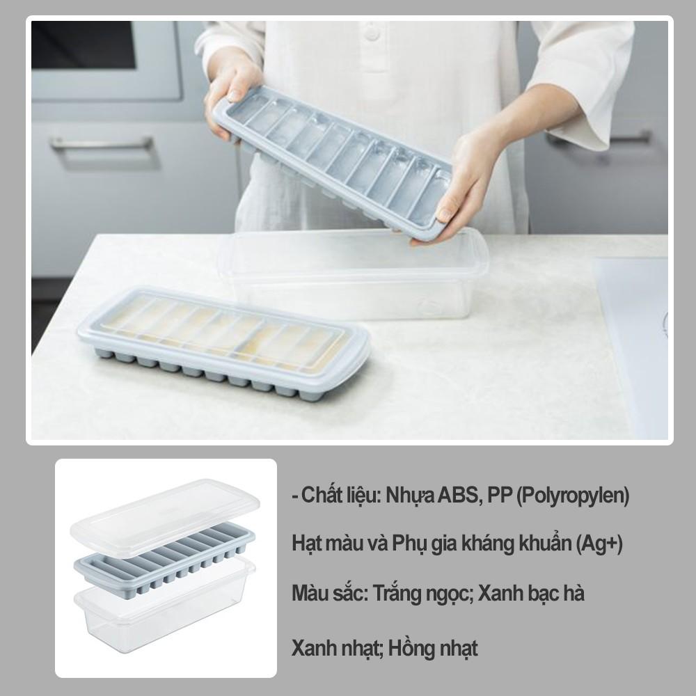 Khay đá vỉ làm đá tủ lạnh khay 10 thanh có nắp đậy bằng nhựa nguyên sinh karu inochi Nhật Bản chính hãng cao cấp KLD01