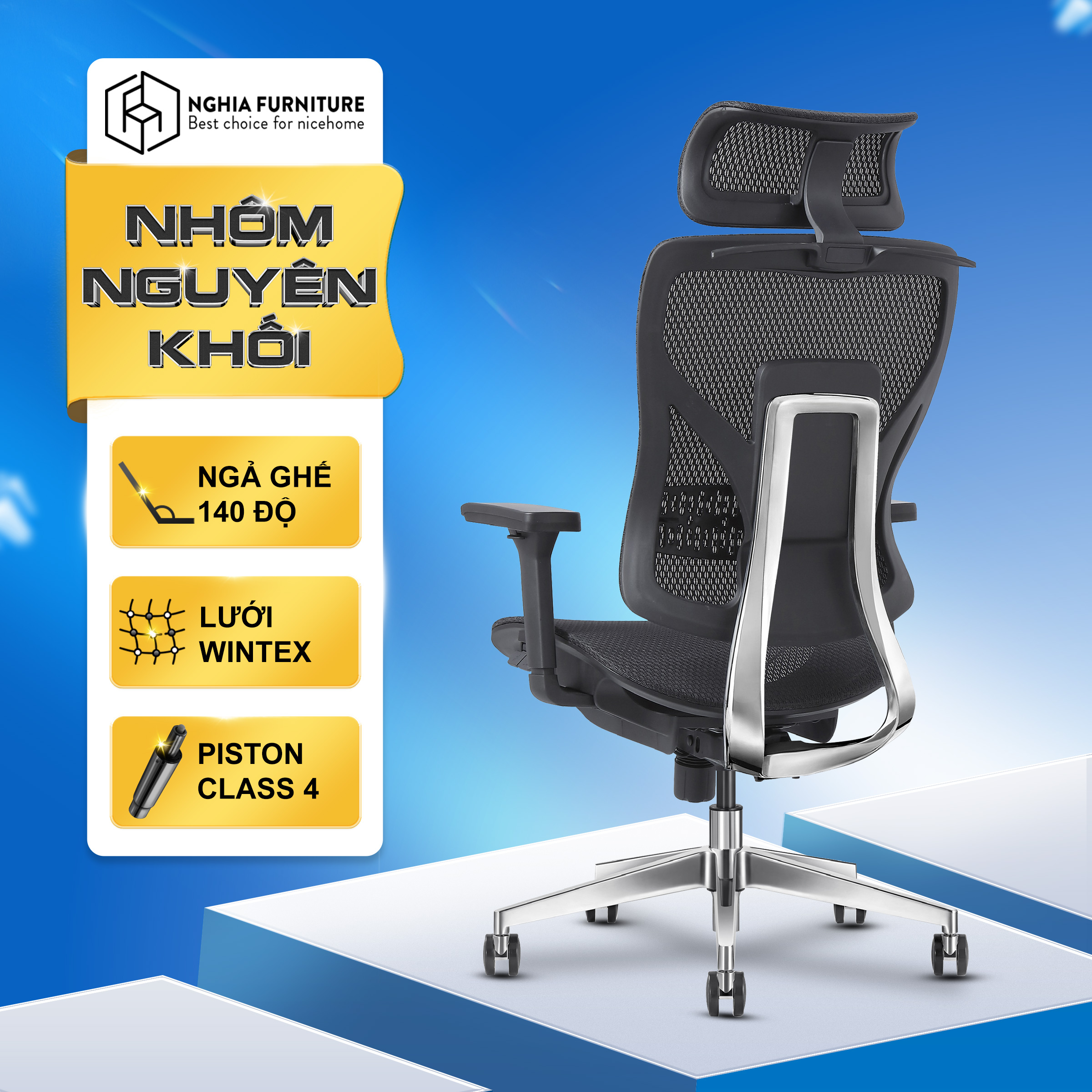 Ghế công thái học Nghia Furniture Caster, Khung nhôm chắc chắn, lưới Wintex Hàn Quốc, Piston class 4, tải trọng 150kg, bảo hành 5 năm