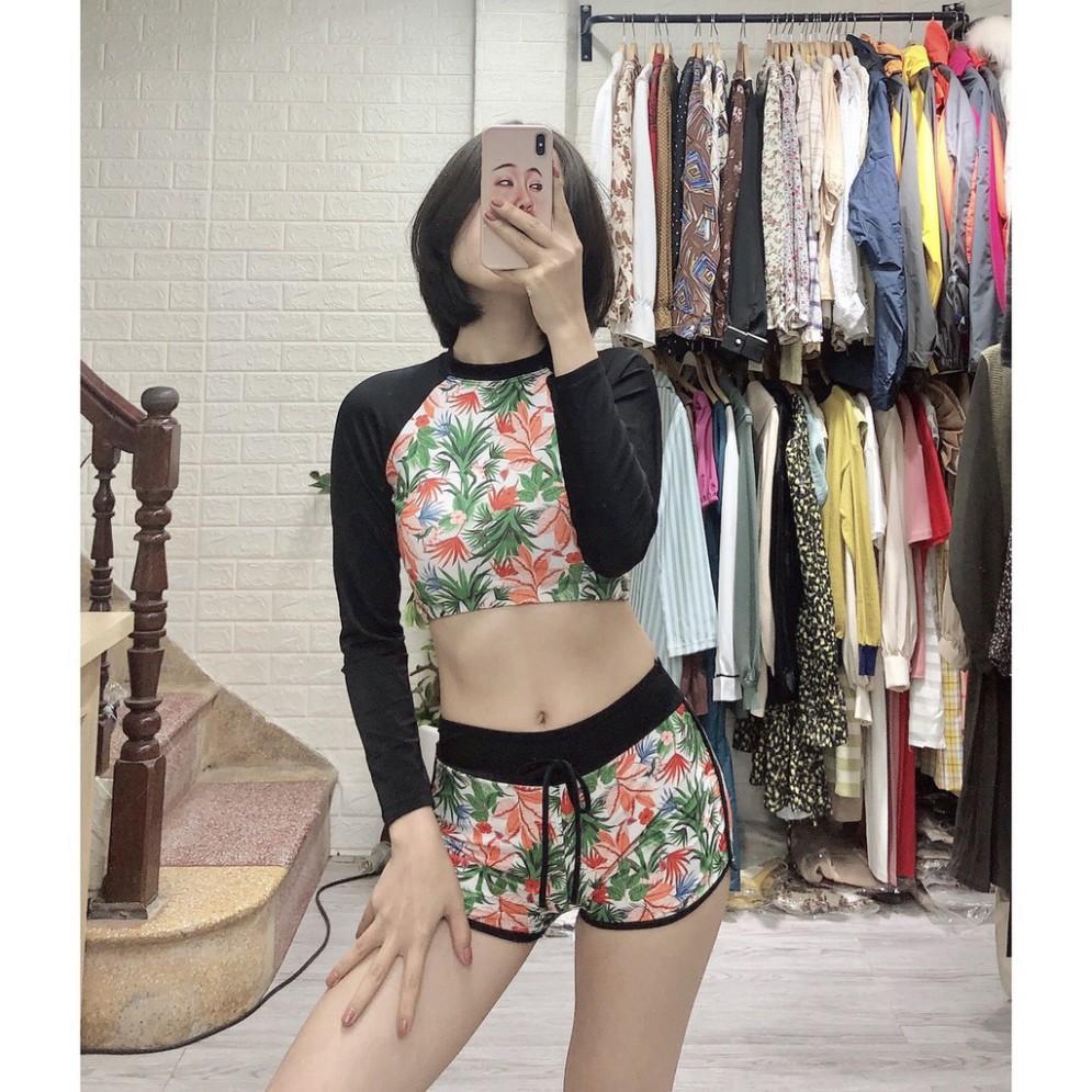 freeship Bikini hai mảnh dài tay ️Freeship️ họa tiết hoa lá quần đùi mặc đi biển đi bơi mới nhất