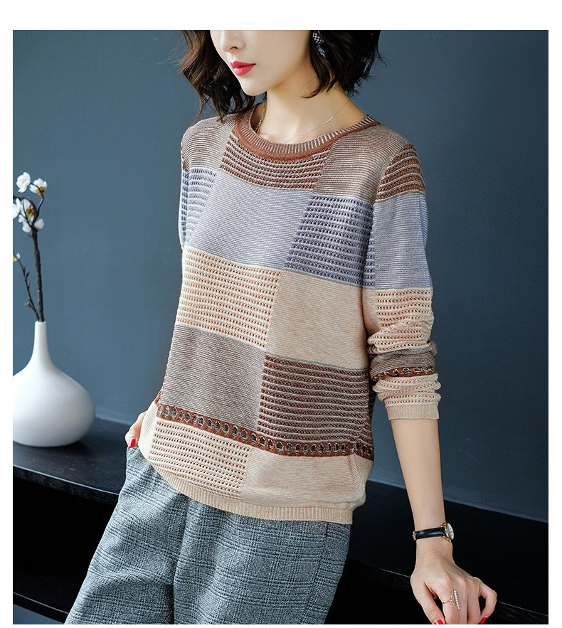 Áo len nữ rộng rãi sọc dài tay áo pull mỏng dệt kim thời trang xuân thu