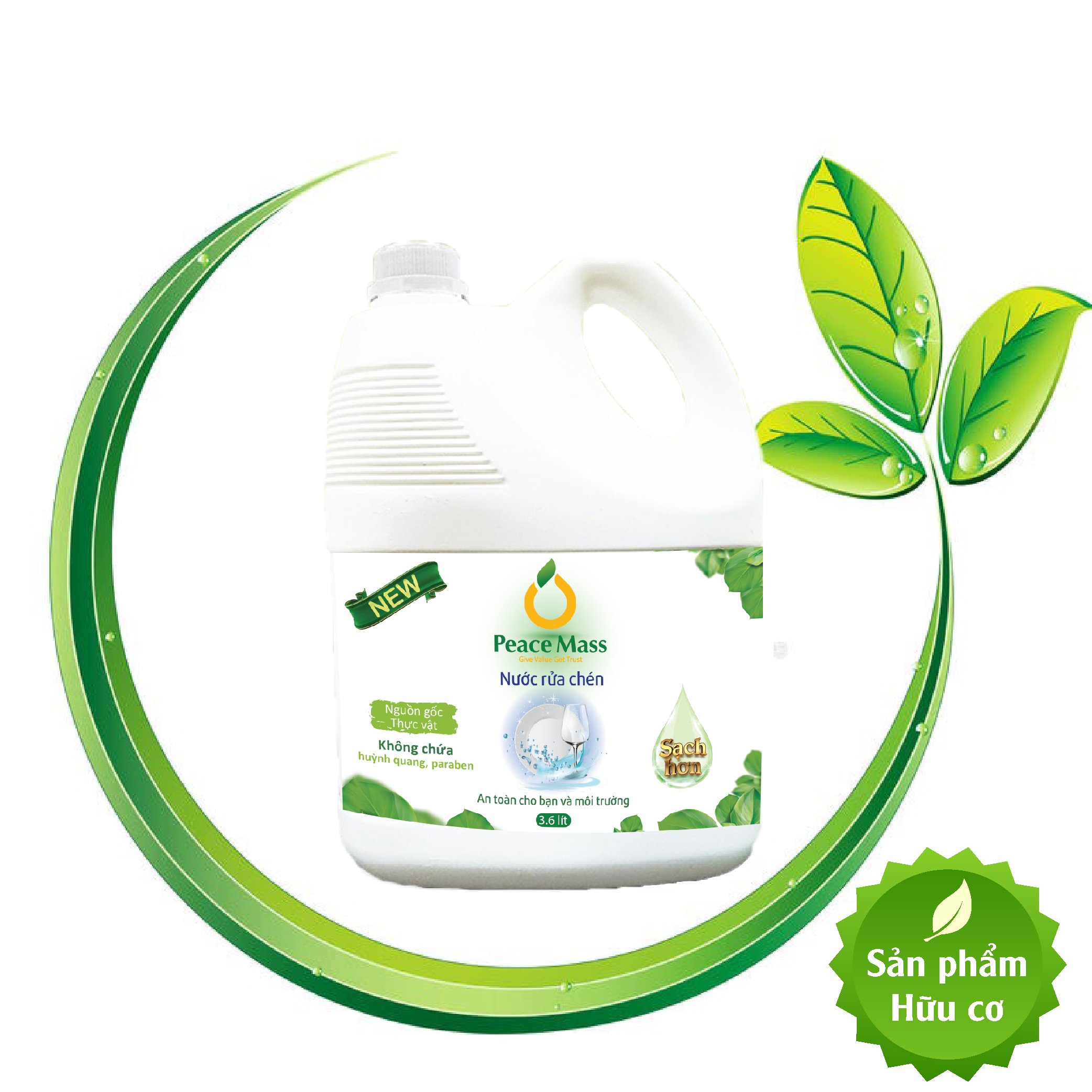 Nước Rửa Chén Gốc Thực Vật Peace Mass Công Nghệ Enzyme Rửa Sạch &amp; Không Lưu Mùi (Thuộc nhóm Sản phẩm Lành tính)) Can 3.6 Lít
