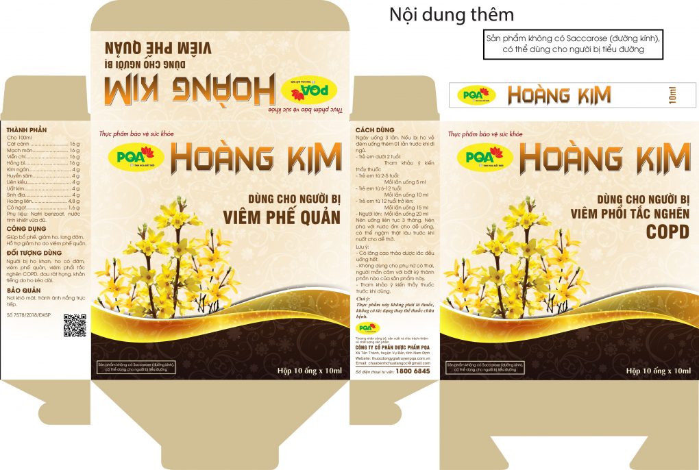 Hoàng Kim PQA Giúp Bổ Phế, Giảm Ho, Long Đờm Và Viêm Phổi Tắc Nghẽn Mãn Tính Hộp 10 Ống