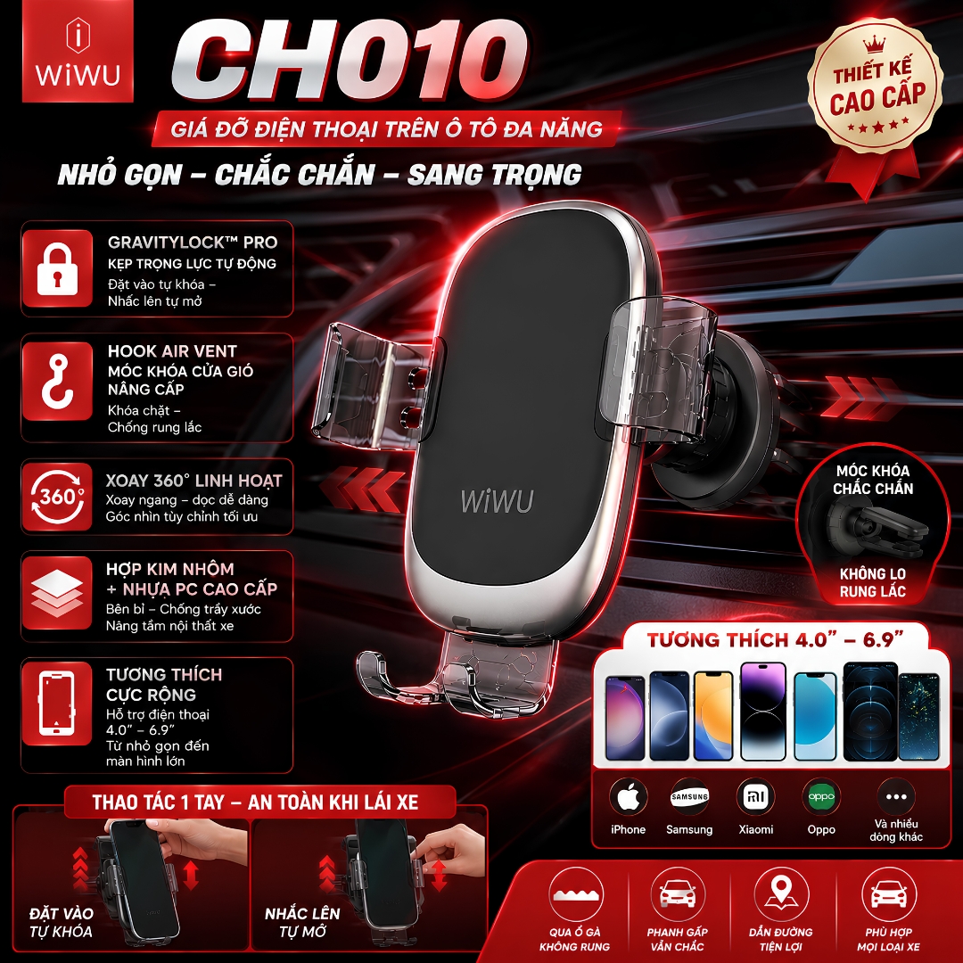 Giá đỡ điện thoại trên xe hơi ô tô GravityLock Pro Xoay 360 Chốt Móc Xoay Chống Rung WIWU CH010 cho iPhone Samsung - Kẹp trọng lực tự động | Móc khóa cửa gió chống rung | Xoay 360° | Hợp kim nhôm cao cấp - Hàng nhập khẩu