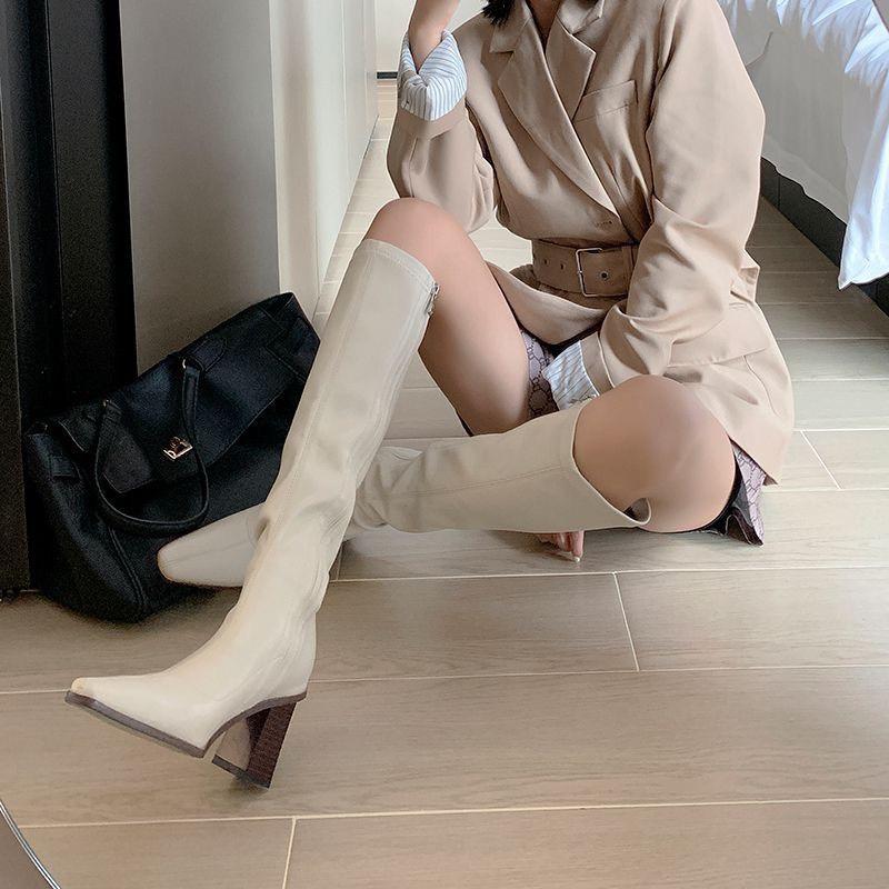 Bốt Đùi Mũi Nhọn Khóa Cạnh Đế Vân Gỗ 7Cm Lót Lông B004