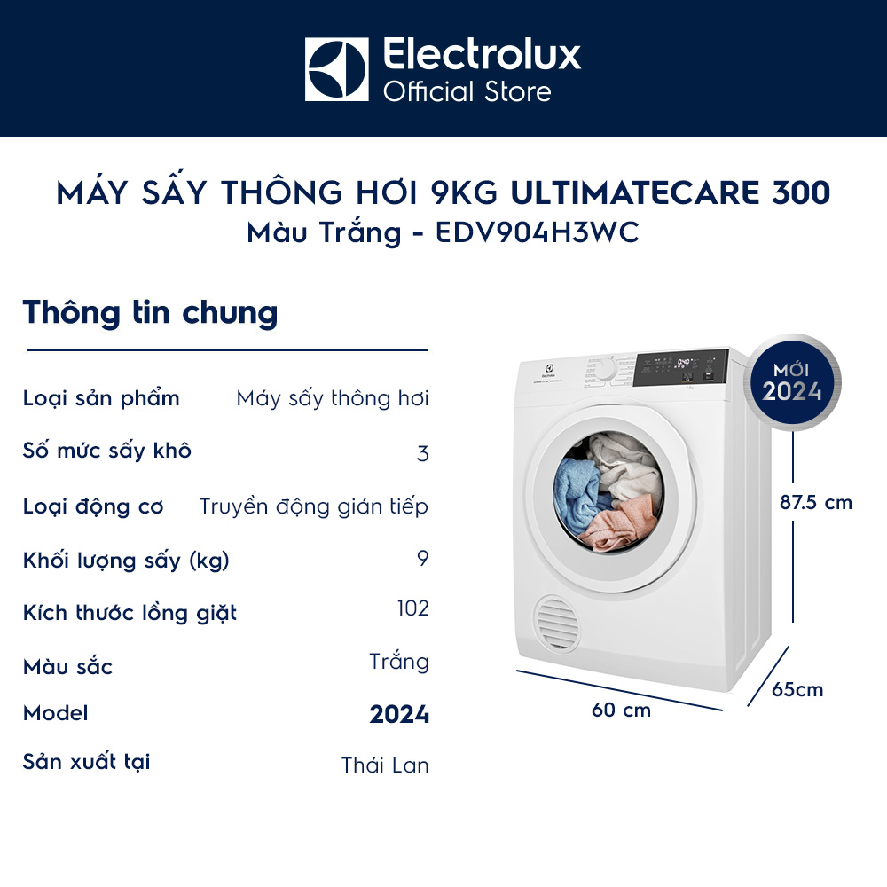 [Mới 2024] Máy sấy thông hơi 9kg UltimateCare 300 - Trắng EDV904H3WC - Hàng chính hãng