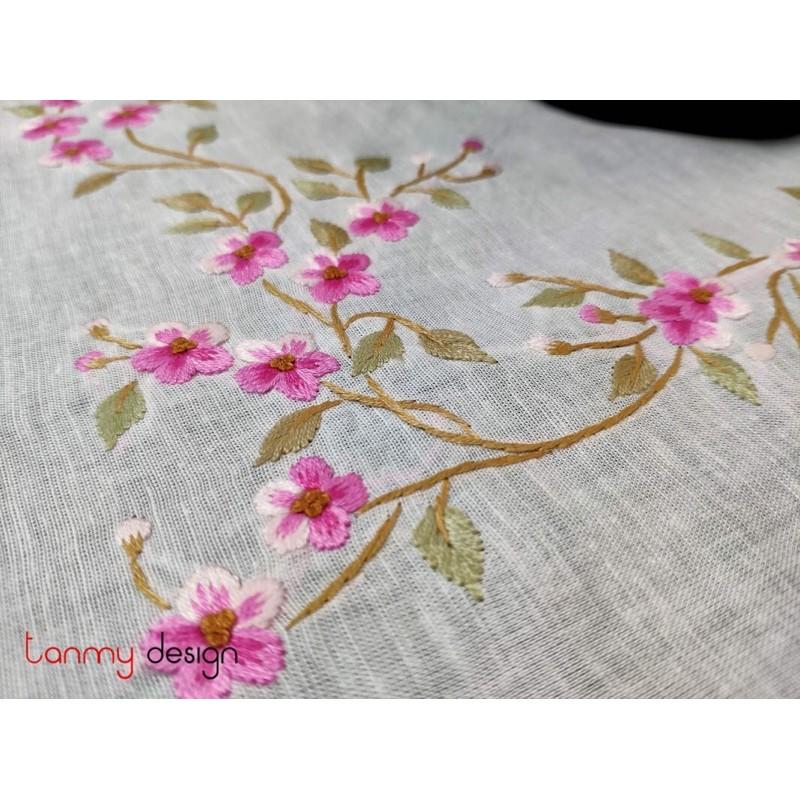 Bộ lót đĩa và khăn ăn linen thêu tay hoa đào leo hồng