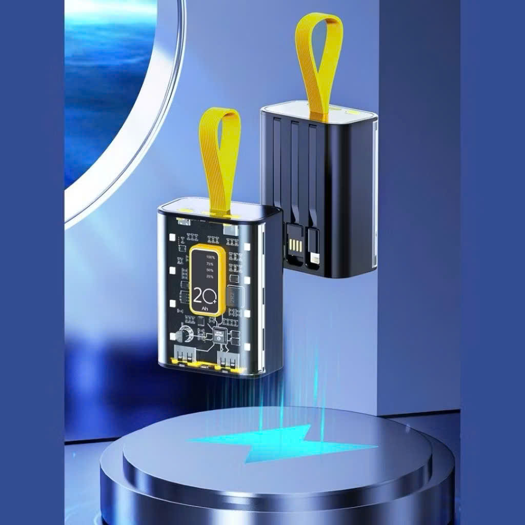 Sạc Dự Phòng 20000mAh Dung Lượng Pin Lớn Vỏ Trong Suốt Tích Hợp Dây Sạc Nhanh Cho Nhiều Thiết Bị có đèn báo, phát sáng - HÀNG CHÍNH HÃNG