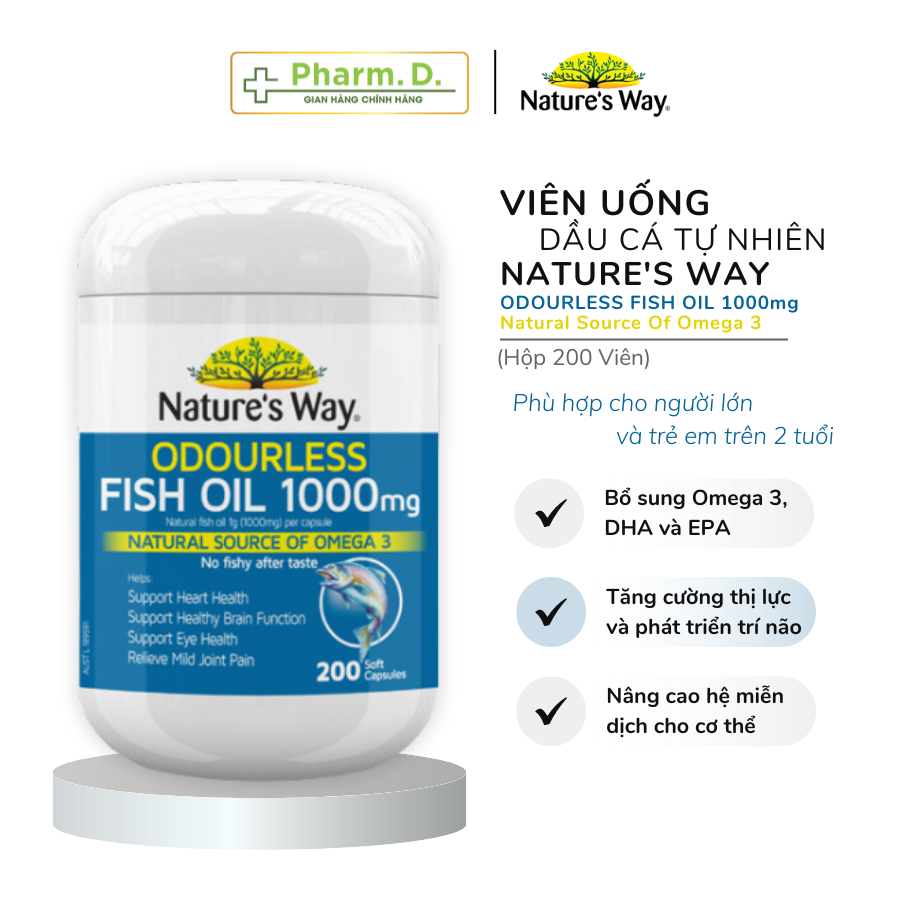 Viên Uống Dầu Cá NATURE'S WAY Fish Oil Bổ Sung Omega 3, DHA Và EPA Phát triển Trí Não Và Thị Lực (200 Viên)