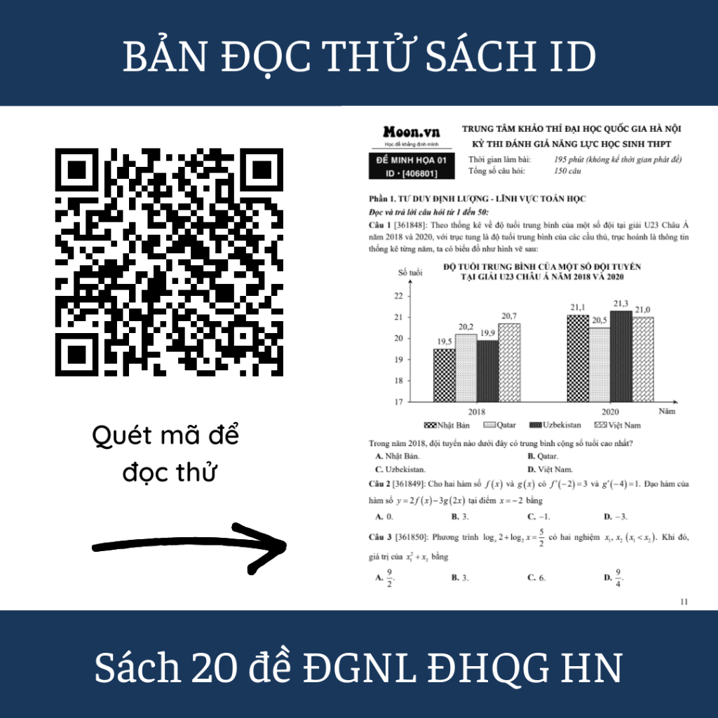 Sách ID 20 Đề Đánh Giá Năng Lực Đại học Quốc Gia Hà Nội Moonbook Dành cho 2k6 Luyện Thi ĐGNL