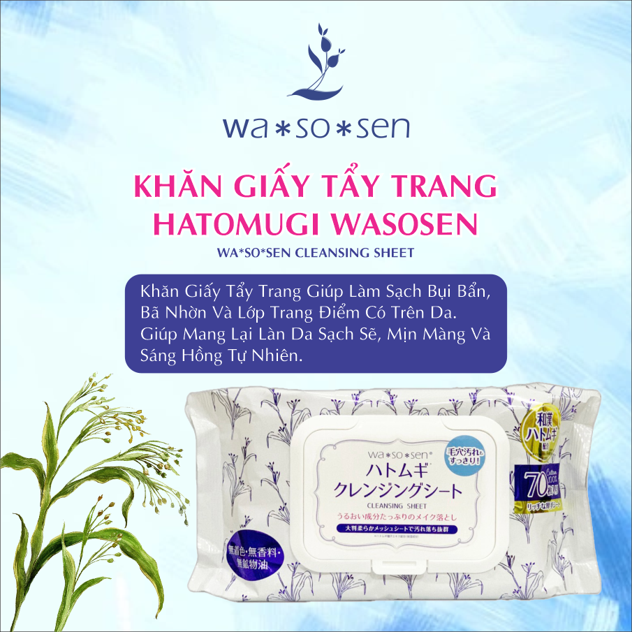 Khăn Ướt Tẩy Trang Chiết Xuất Hạt Ý Dĩ  Kumano Hatomugi Wasosen Cleansing Sheet Phù Hợp Du Lịch Túi (70 tờ)