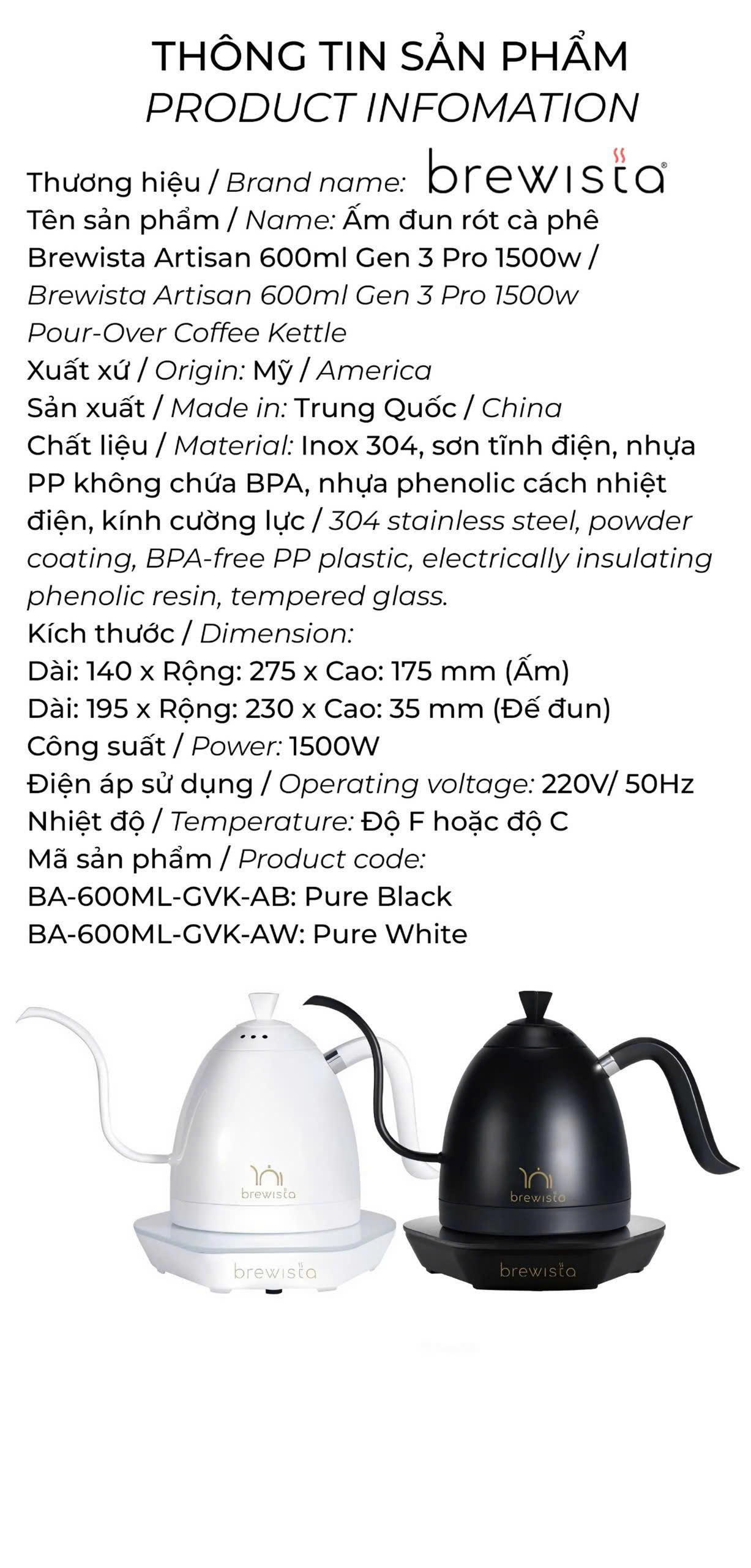 Hàng chính hãng ấm đun rót cà phê Brewista Artisan 600ml Gen 3 Pro 1500w Pure