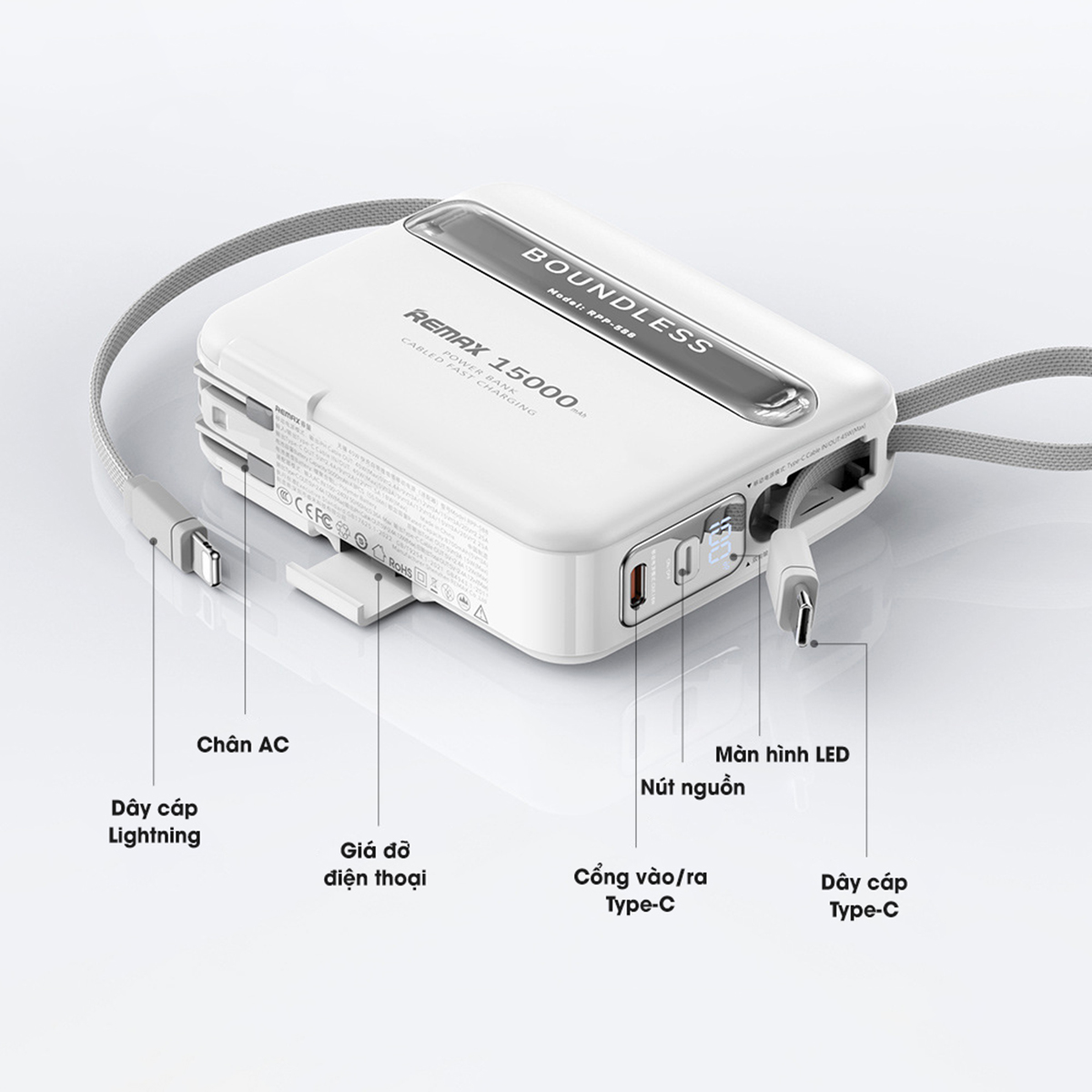 Củ sạc kiêm sạc dự phòng đa năng 15000mah Remax RPP-588 Tích hợp cáp sạc 45W sạc cả máy tính bảng và laptop - Hàng Chính Hãng Remax