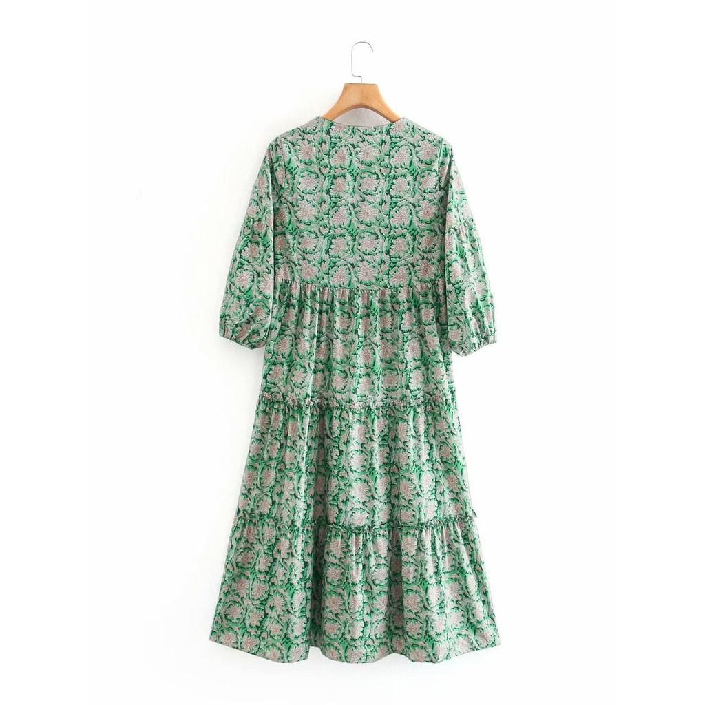 VÁY HOA XANH LÁ CỔ V 3 TẦNG CHO NỮ