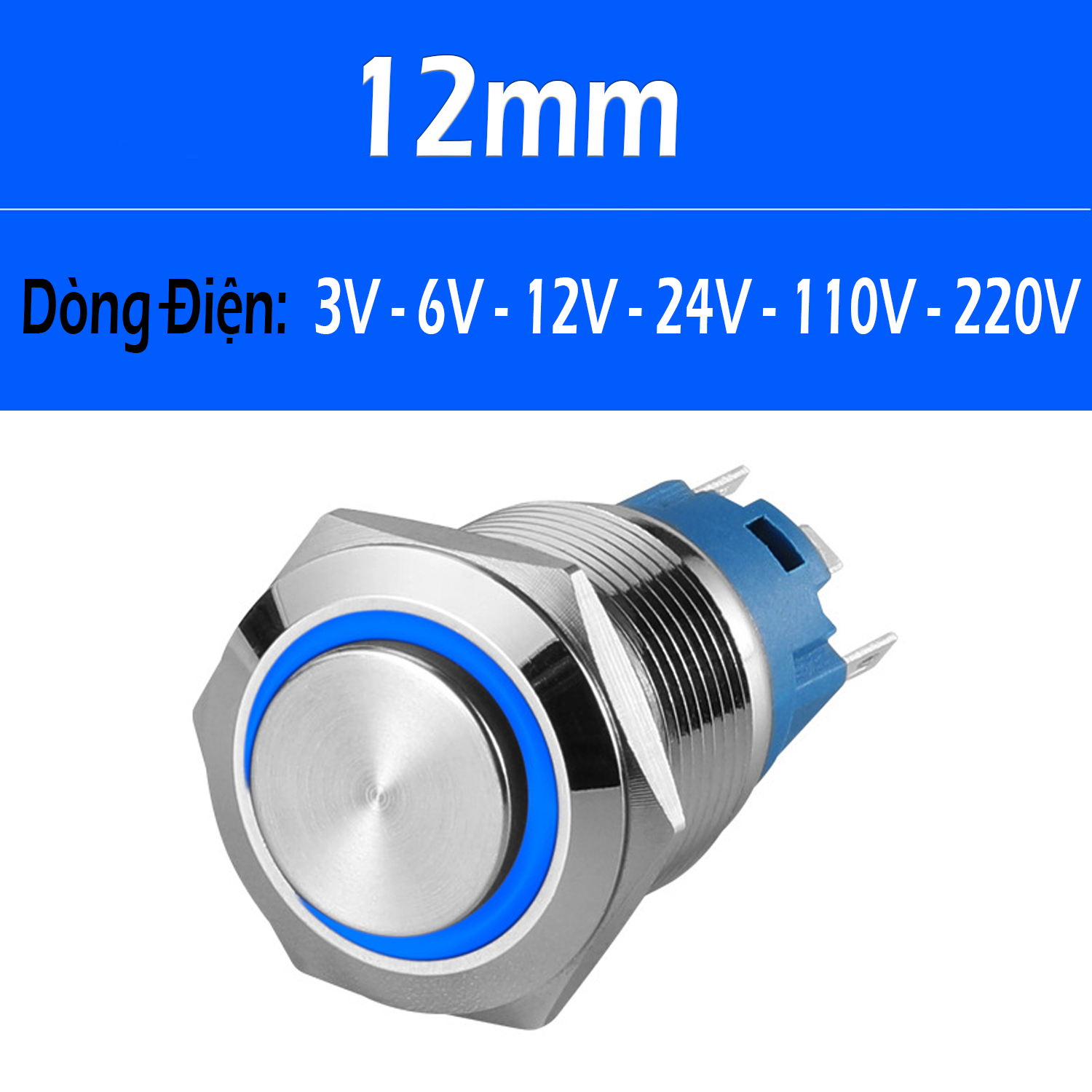 Nút công tắc nhấn giữ Tự khóa có LED 12mm (3V-6V 12-24V 110-220V) Vỏ Kim loại chống nước