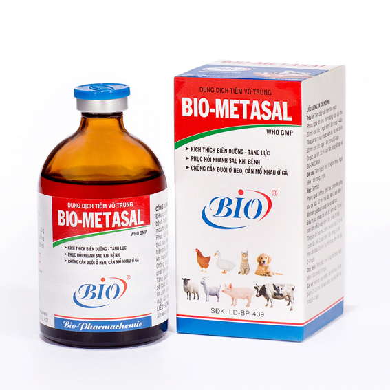 Dung dịch tiêm vô trùng BIO METASAL kích thích biến dưỡng, tăng lực, phục hồi nhanh sau bệnh, chống cắn đuôi ở heo, cắn mổ ở gia cầm