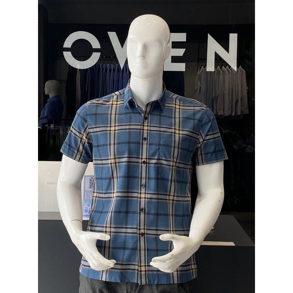 OWEN - Áo sơ mi ngắn tay Owen vạt ngang chất sợi tre 230038 kẻ ca rô xanh đậm