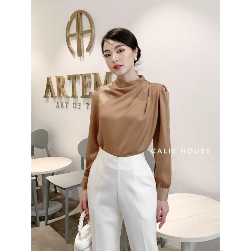ASM212 ÁO SƠ MI LỤA XẾP LY VAI CÚC NGỌC