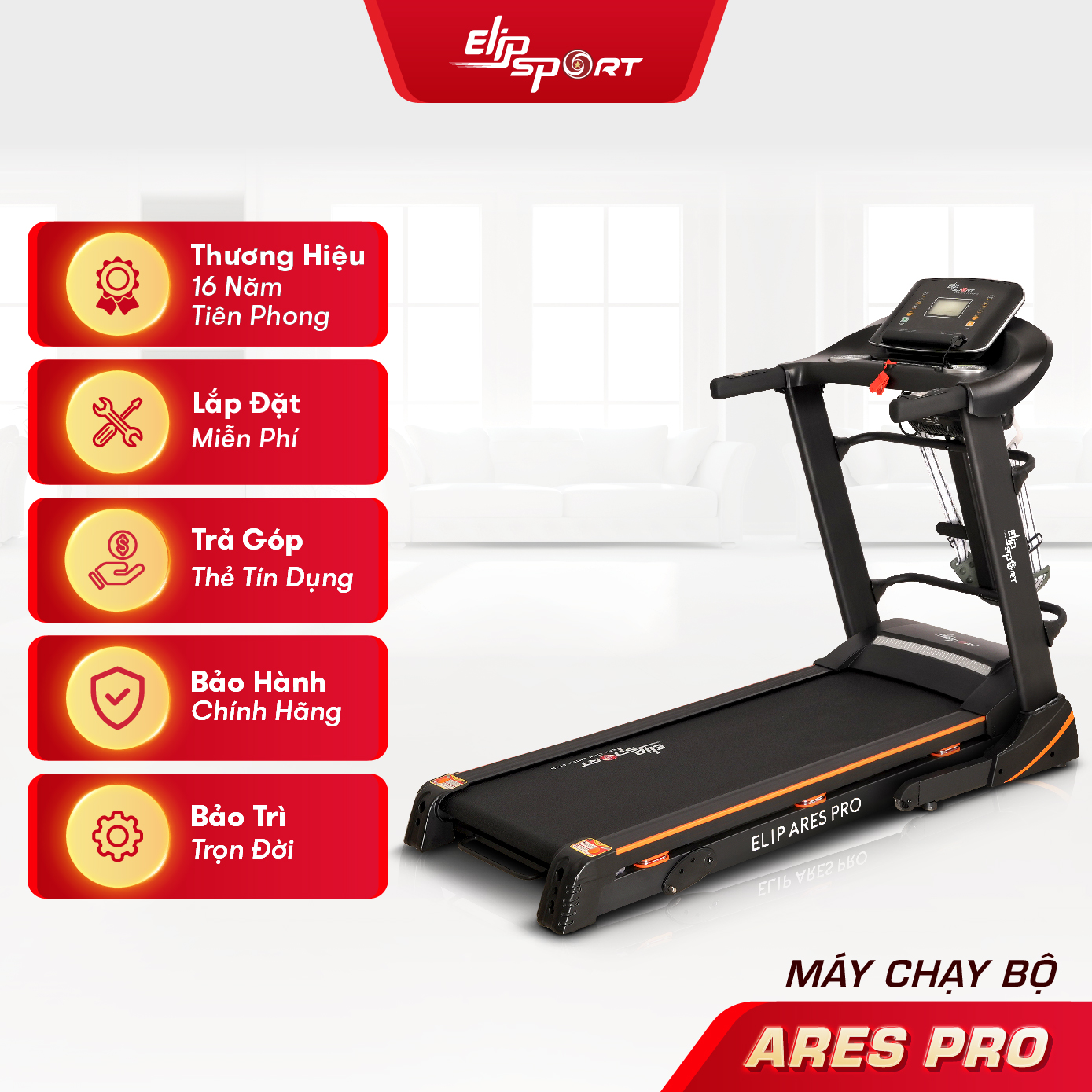 Máy Chạy Bộ Điện ELIP Ares Pro nhỏ gọn, động cơ 2.5HP, bảo hành chính hãng