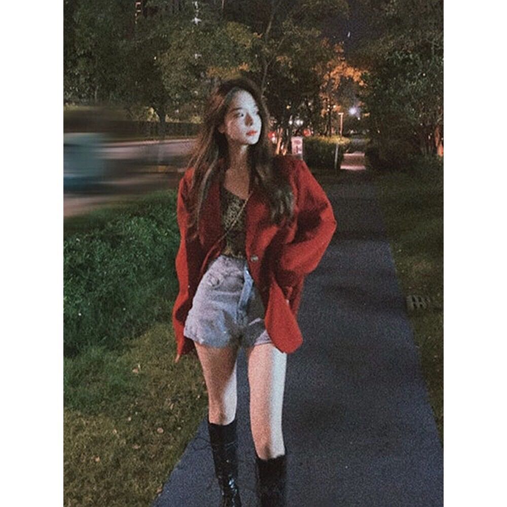 Áo khoác Blazer Màu Đỏ Phong cách Retro Hàn Quốc Cho Nữ