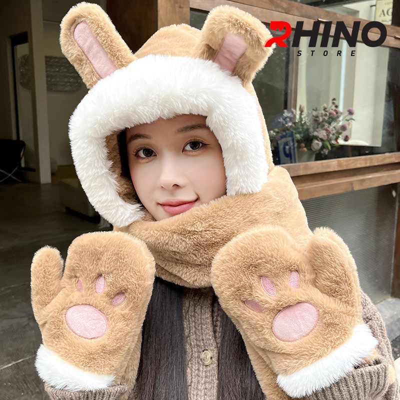 Mũ lông, mũ len kèm khăn quàng Rhino WS101 ấm áp, dễ thương hàng chính hãng