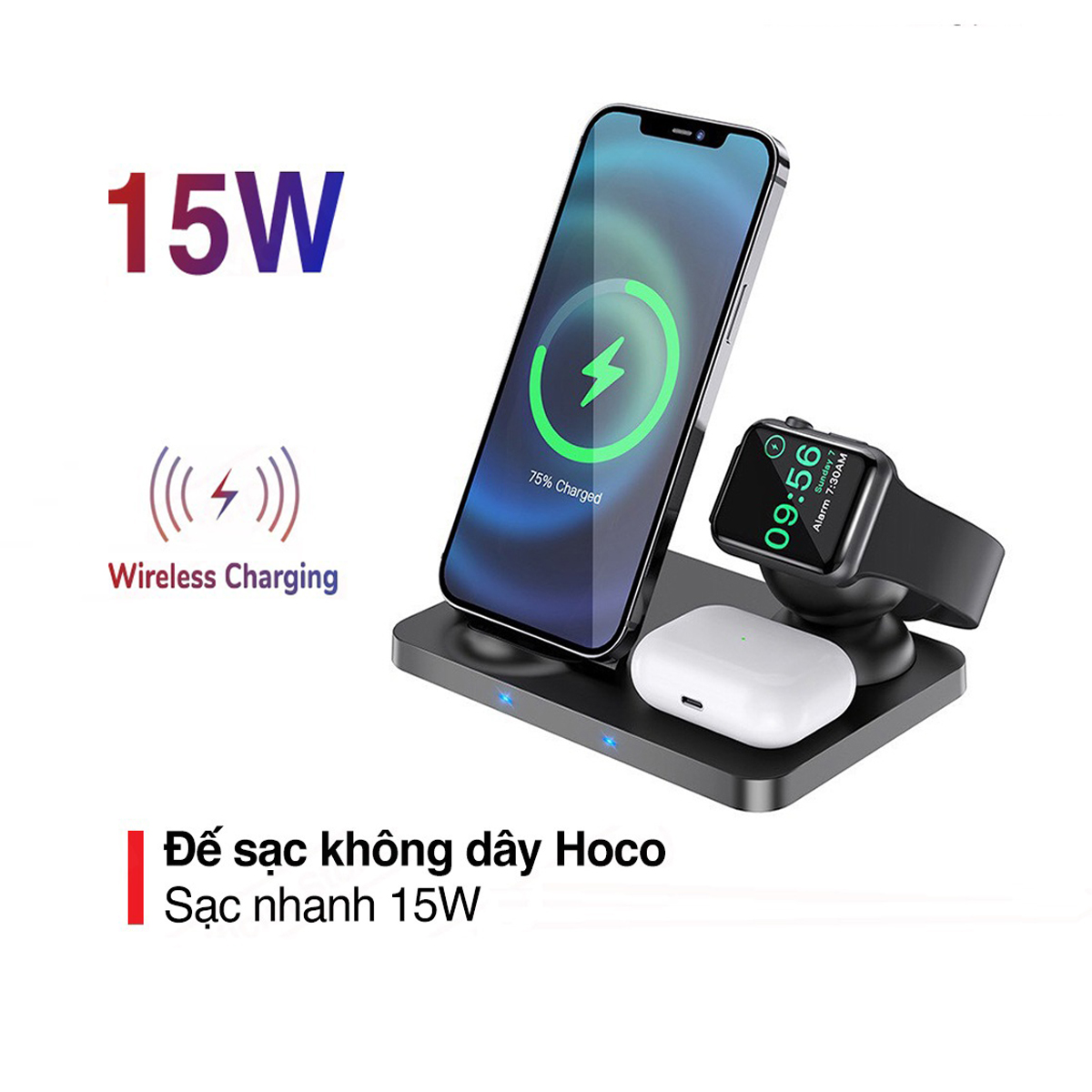 Đế sạc không dây 15W Hoco CW33 hỗ trợ sạc điện thoại , đồng hồ, airpod cùng lúc chất liệu cao cấp - Hàng chính hãng