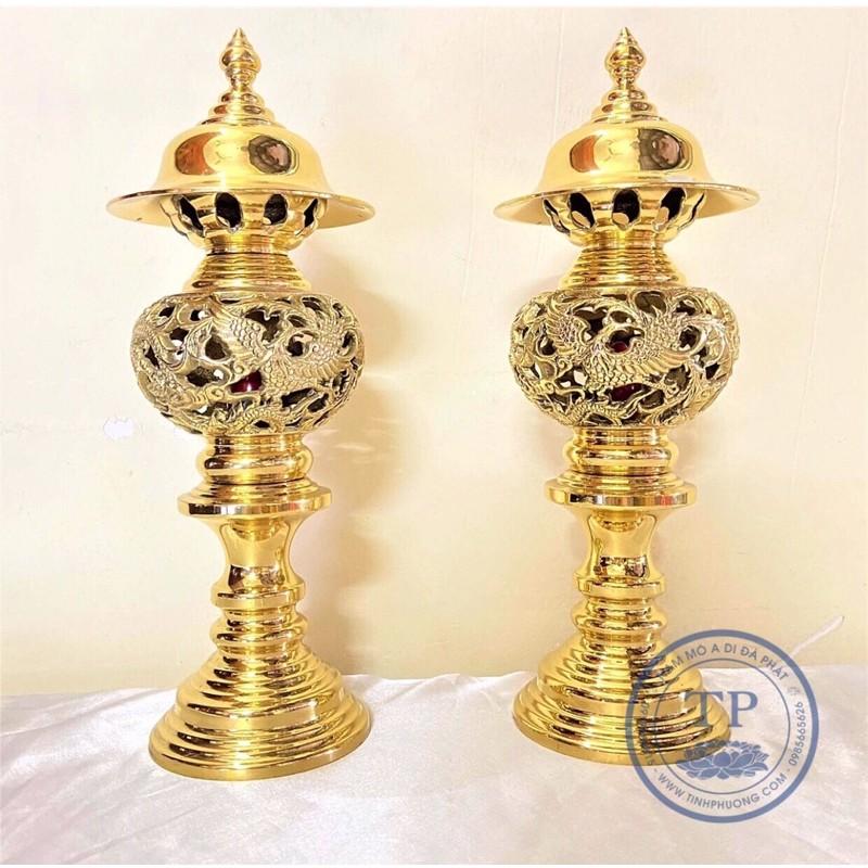 Đôi đèn thờ bằng đồng vàng nguyên chất mẫu đục thủng công phượng cao 30cm - TL148
