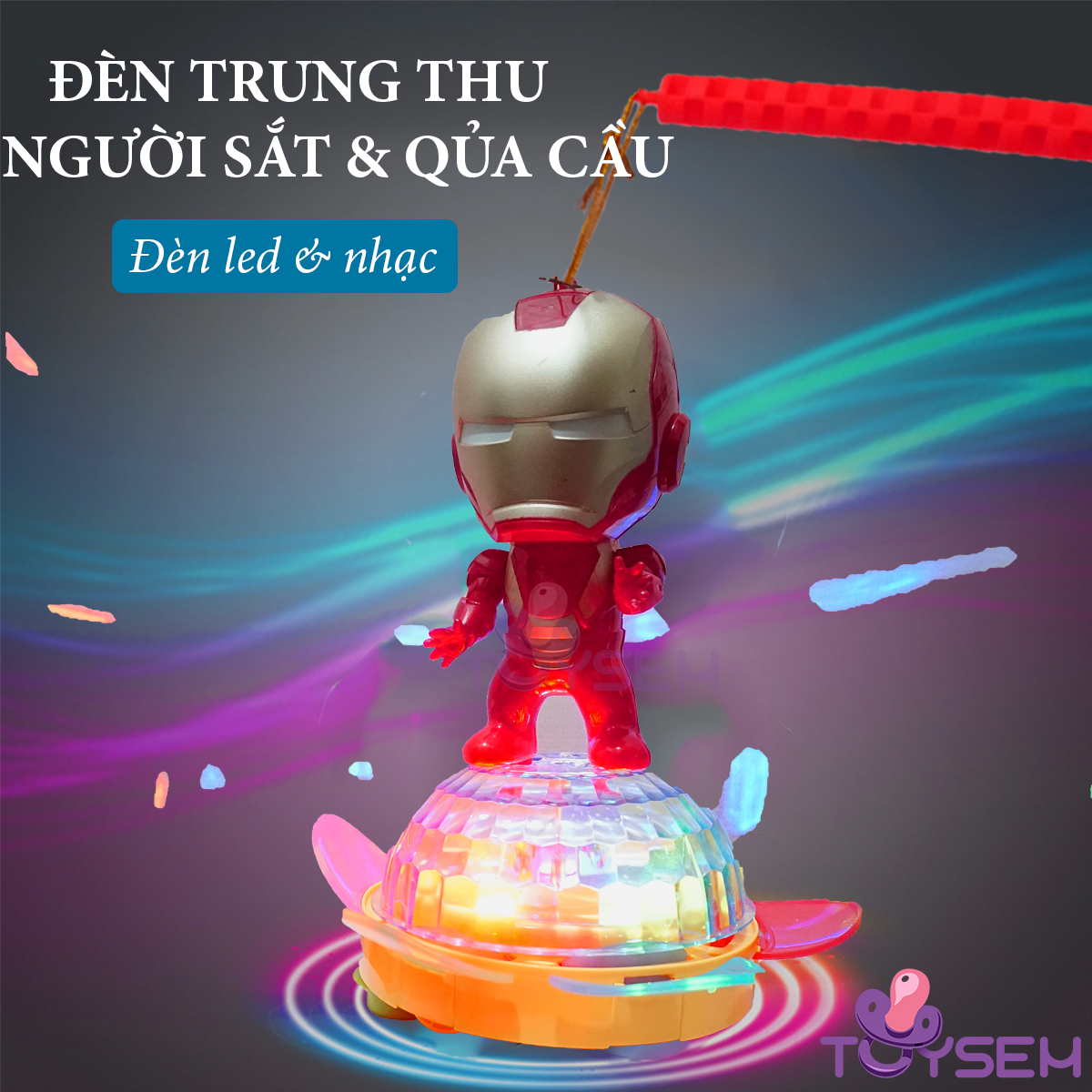 Đèn trung thu người sắt trên quả cầu xoay có đèn và nhạc vui nhộn cho bé - Lồng đèn điện tử rước đèn trung thu - Đồ chơi trung thu cho bé