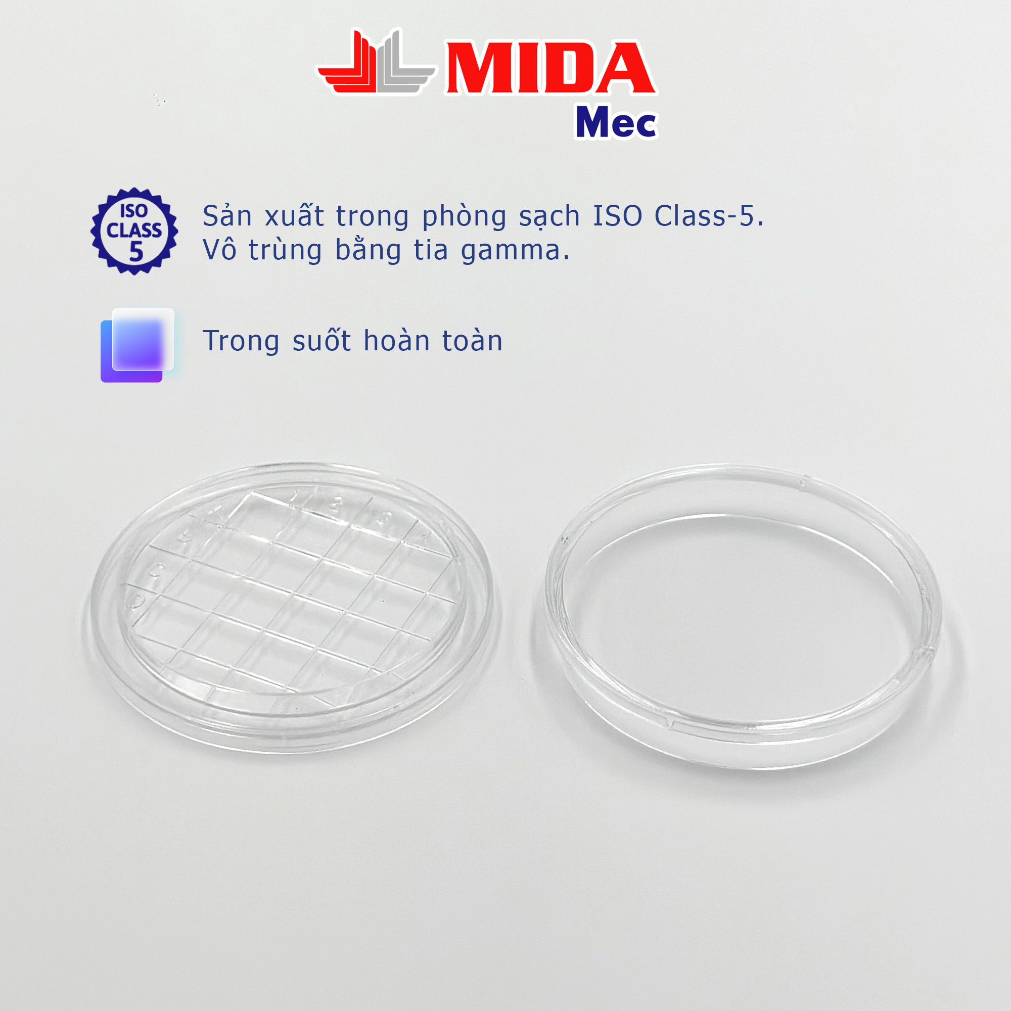 Đĩa Petri nhựa MidaMec 6515 đã tiệt trùng đóng gói 20 cái/bao