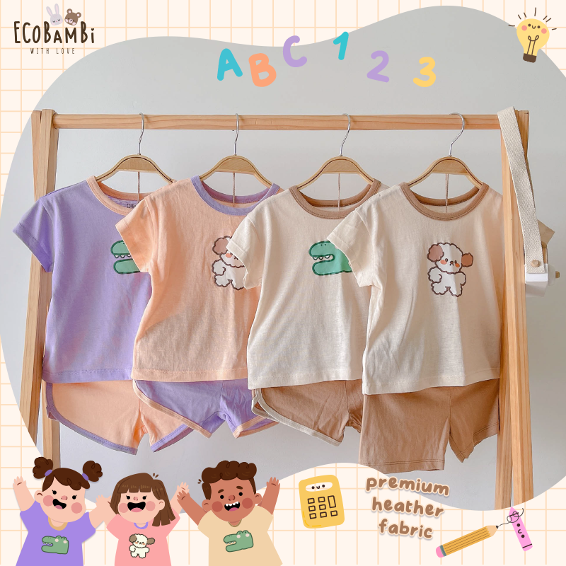 Bộ UNISEX quần LỠ thun cotton Heather phong cách Hàn Quốc in hoạ tiết nổi dễ thương cho bé ECOBAMBI