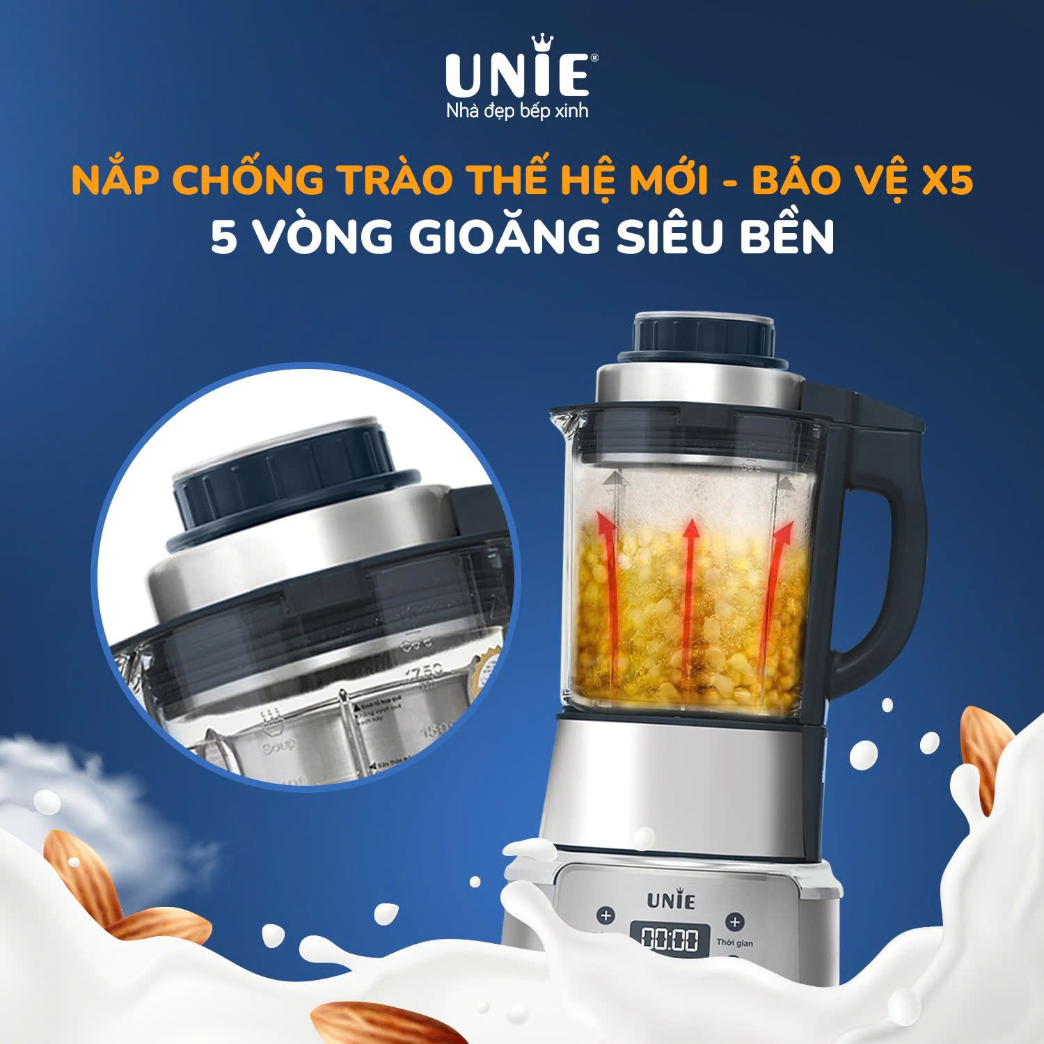 [Hàng chính hãng] Máy làm sữa hạt Unie V9S - 8 chương trình nấu chuyên sâu đã được lập trình sẵn - sở hữu công nghệ sấy khô khử khuẩn - Nắp chống trào thông minh thế hệ mới