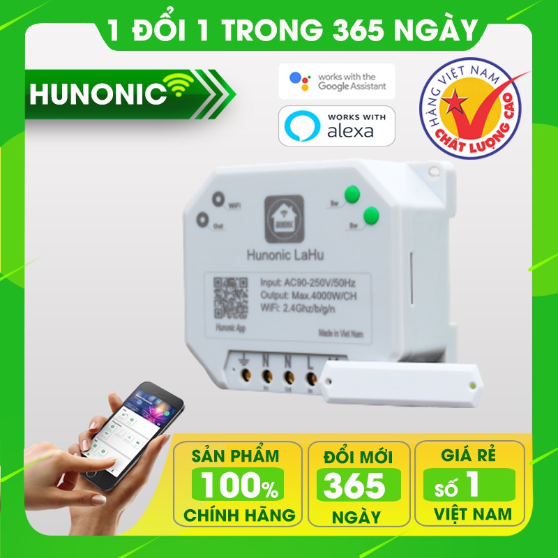 Công tắc thông minh Hunonic Lahu Chuyên dùng máy bơm, bình nóng lạnh . Công tắc cảm ứng WIFI hỗ trợ Google Assistant- Công tắc điện 2 màu đen trắng | Hàng Việt Nam Chất Lượng Cao- BH 12 tháng