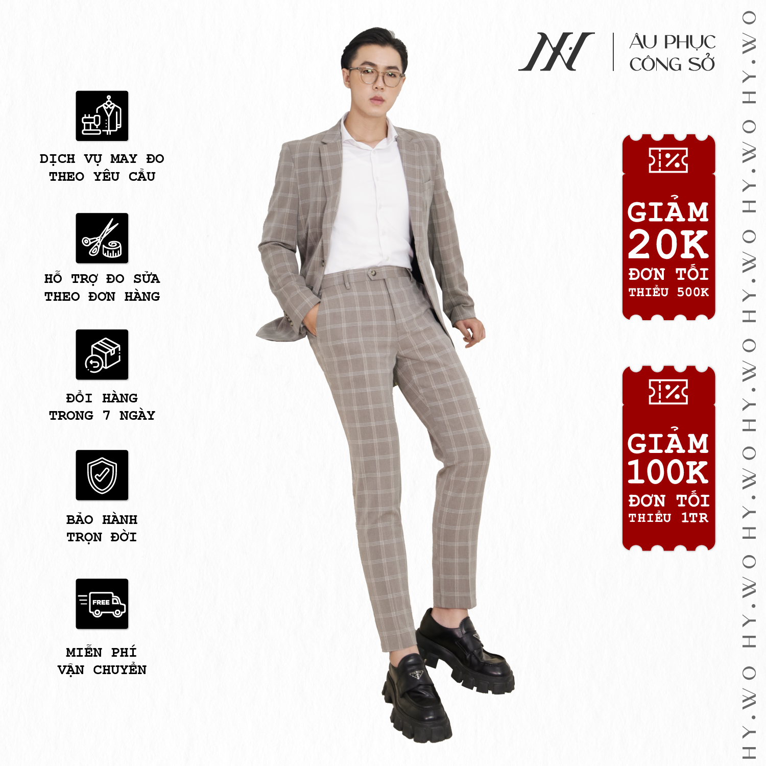 Bộ suit kẻ sọc may đo, thiết kế một hàng khuy xẻ tà giữa, BASIC-CARO-SUIT-4 kiểu dáng Slim Fit phong cách sang trọng - HY.WO