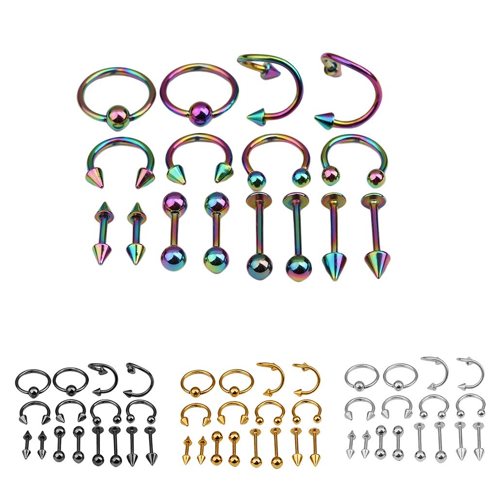 16/Pack Stainless Steel Ear Studs Labret Lip Rings Nose Tongue