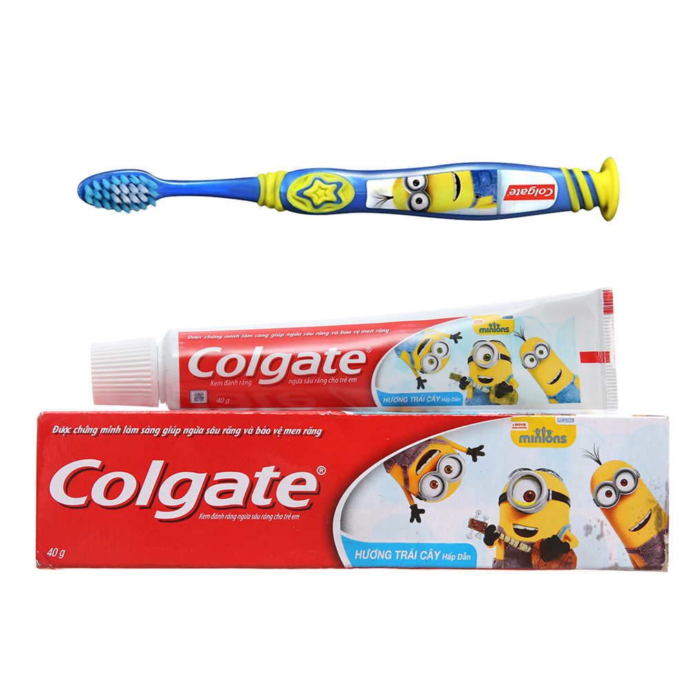 Bộ Sản Phẩm Kem Đánh Răng Trẻ Em Colgate Minion 40g + Bàn Chải Đánh Răng Trẻ Em Colgate Minion Siêu Mềm - Hương Vị Trái Cây Thơm Mát  Bảo Vệ Răng Miệng Tạo Hứng Thú Đánh Răng Cho Bé Mỗi Ngày