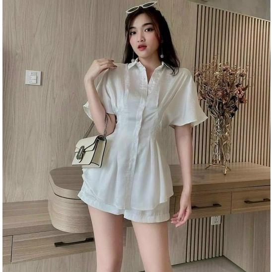 Sét bộ đùi áo cổ sơ mi cài nút ôm eo tay ngắn phối quần đùi phù hợp phong cách mùa hè chất liệu tuyết nhung 4 màu