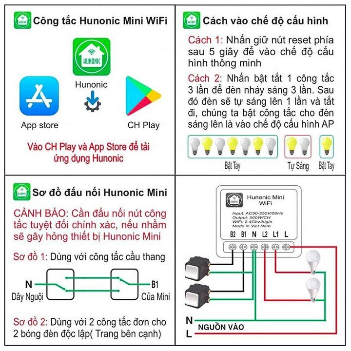 Công tắc Wifi Hunonic Mini 2 kênh 500W/kênh - LẮP SAU CÔNG TẮC ÂM TƯỜNG - Điều khiển từ xa bằng điện thoại