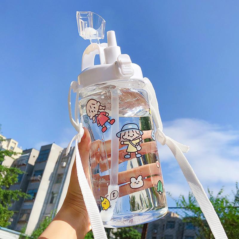 Sức Chứa Lớn 2000ML Nước Hoạt Hình Di Động Thể Thao Chai Có Ống Hút Cắm Trại Đi Xe Đạp Nhựa Dẻo Du Lịch Nước Drinkware