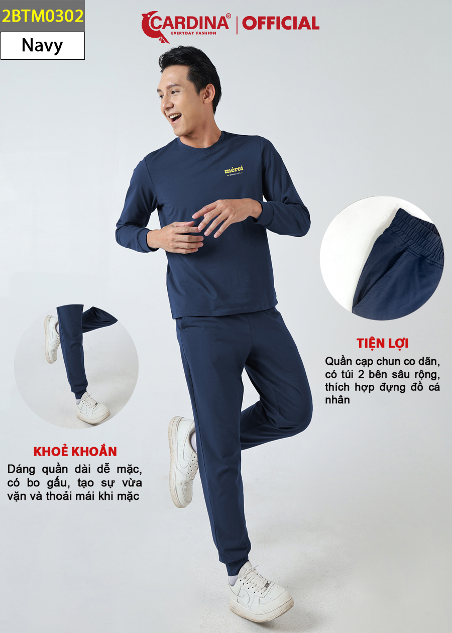 Đồ Bộ Nam CARDINA Chất Cotton Cao Cấp In Chữ Áo Dài Quần Dài Bo Gấu Kiểu Dáng Thể Thao 2BTM03