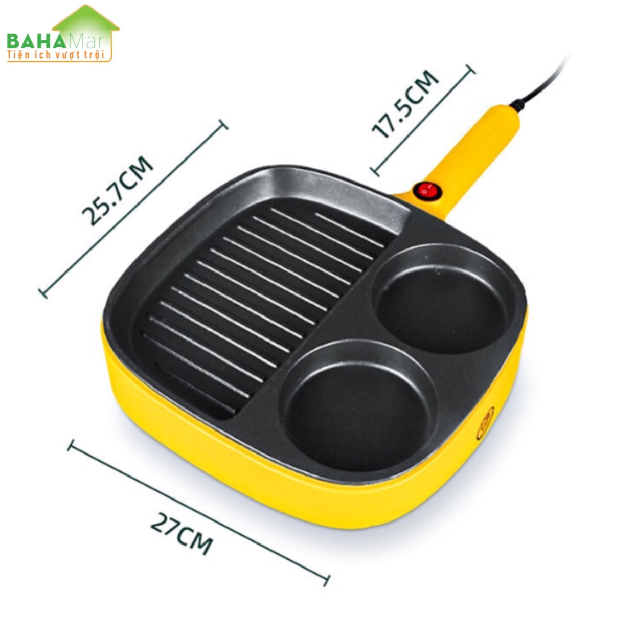 CHẢO ĐÁ ĐIỆN MINI CHỐNG DÍNH CHIA 3 NGĂN TIỆN SỬ DỤNG CHO BẾP "BAHAMAR" Chảo chia 3 ngăn, 2 ngăn tròn làm bánh, ngăn to dùng chiên, xào tiện lợi.