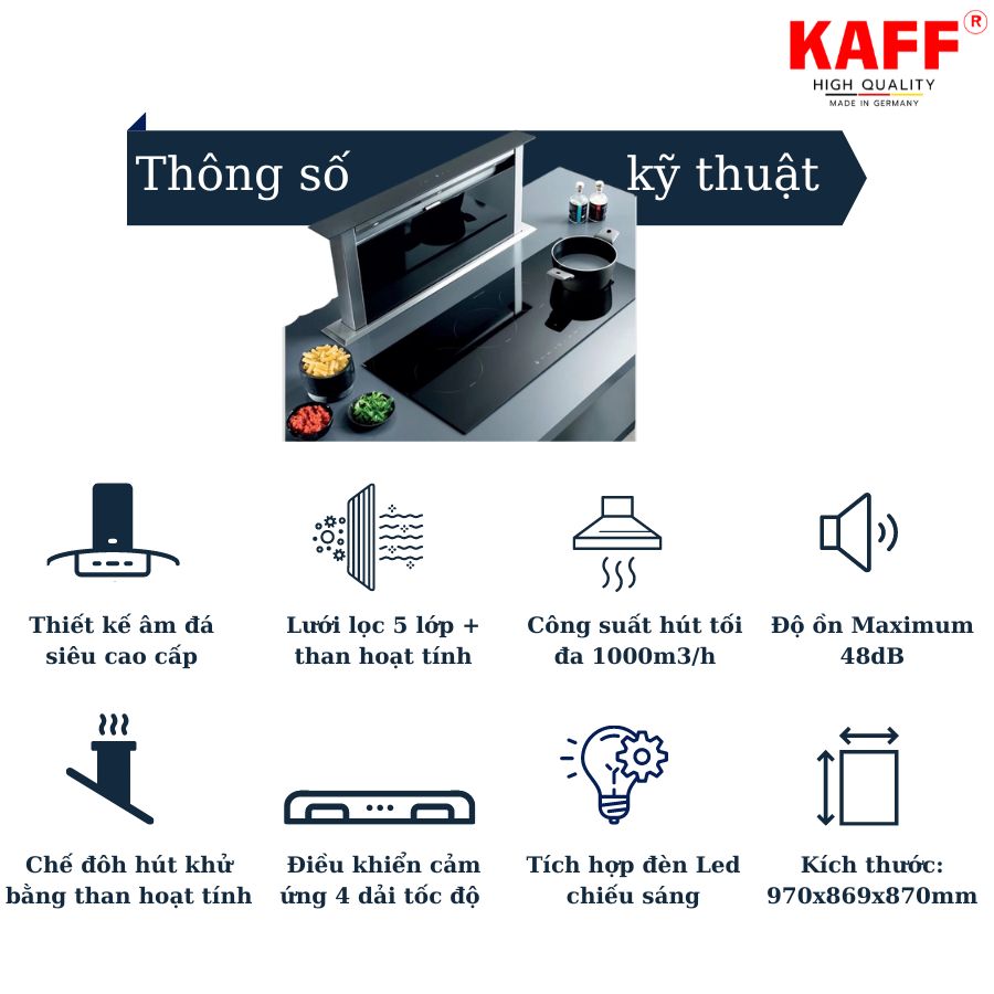 Máy hút mùi âm bàn đá cảm ứng 900mm KAFF KF_AT900 Tặng bộ lọc than thay thế _ Hàng Chính Hãng