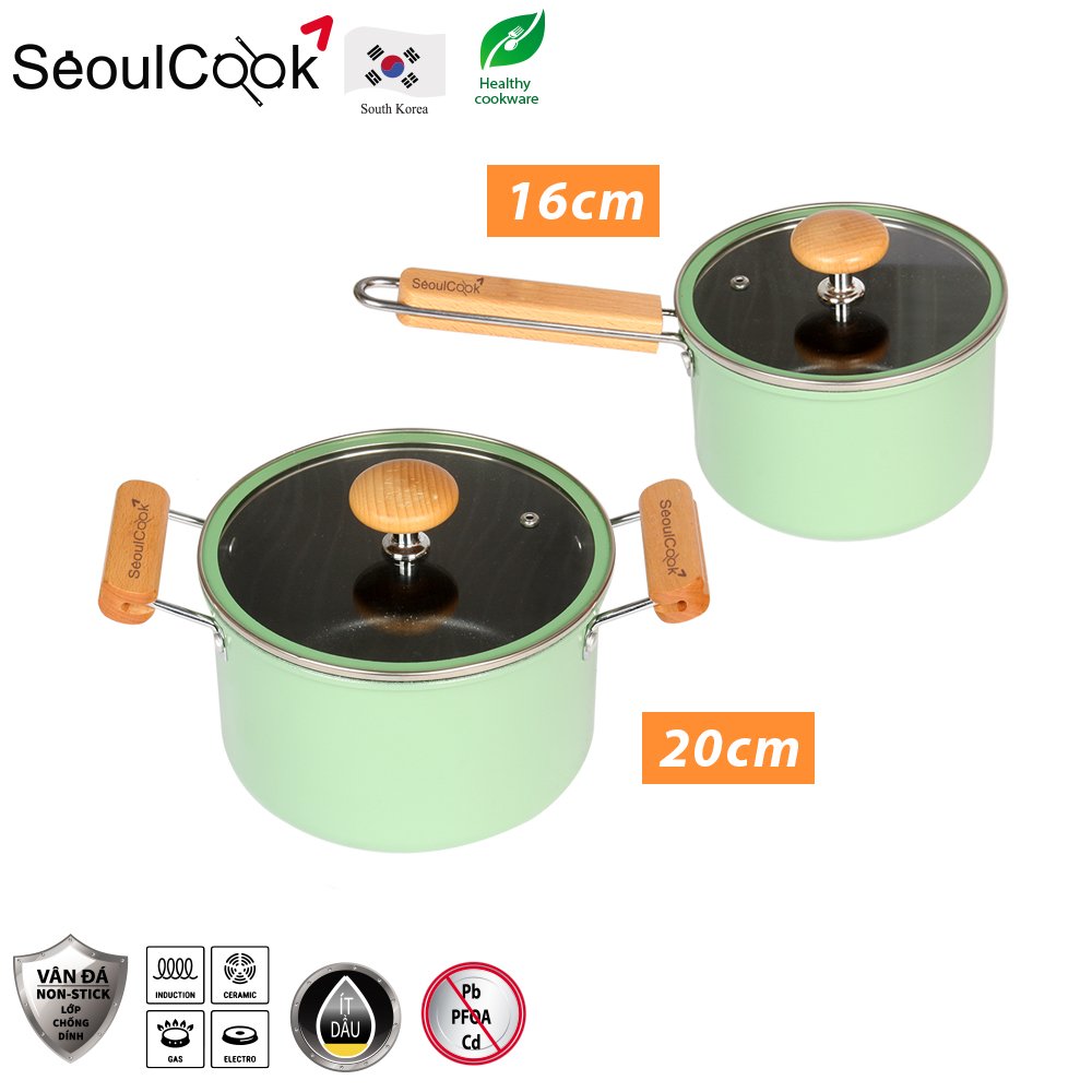 Bộ 2 món quánh 16cm + nồi 20cm đáy từ / Induction cao cấp Hàn Quốc Seoulcook Luxury, chống dính vân đá an toàn cho sức khỏe, dùng được tất cả các loại bếp– Hàng chính hãng