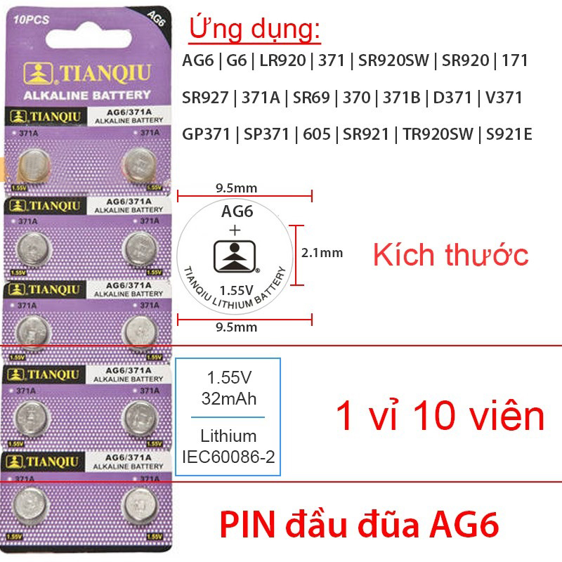 [Ag6] Vỉ 10 Pin cúc áo (LR920, LR920 371, SR920 , 171, 371A) dùng cho đồng hồ đeo tay, thiết bị điện tử