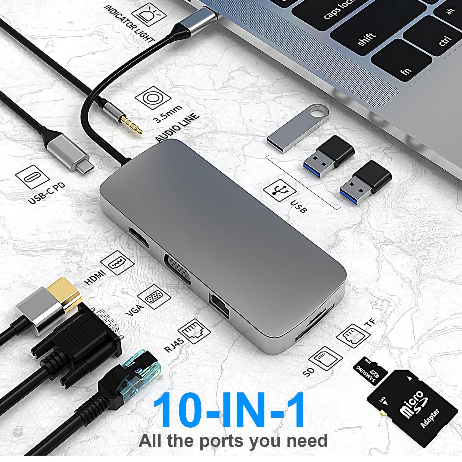 Trung tâm USB C, trạm nối, bộ chuyển đổi USB C 10 trong 1 với 4K HDMI, VGA, loại C PD, cổng USB 3.0, RJ45 Ethernet, Thẻ SD/TF-Thẻ, 3,5mm AUX, tương thích với Pro/Air, Thêm các thiết bị loại C
